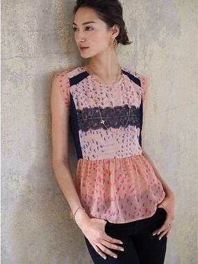 Maeve Anthropologie Evangeline Pink Peplum Blouse with Navy Lace Insets size M